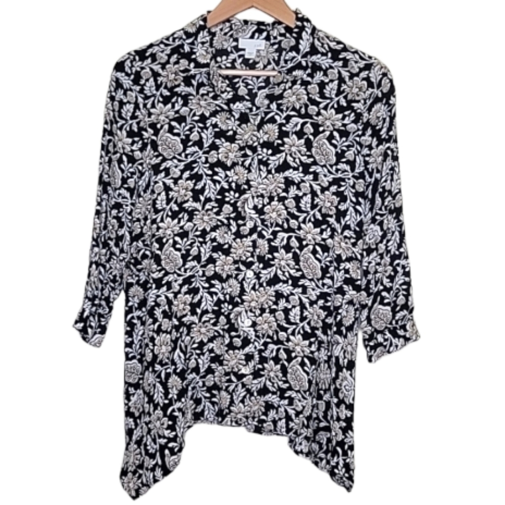 J. Jill Floral Button Down Tunic Blouse Black/Brown Size XS